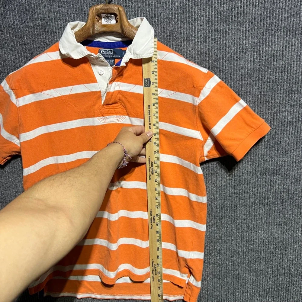 Polo Ralph Lauren Rugby Shirt Mens L Orange White Striped Quilted Short Sleeve